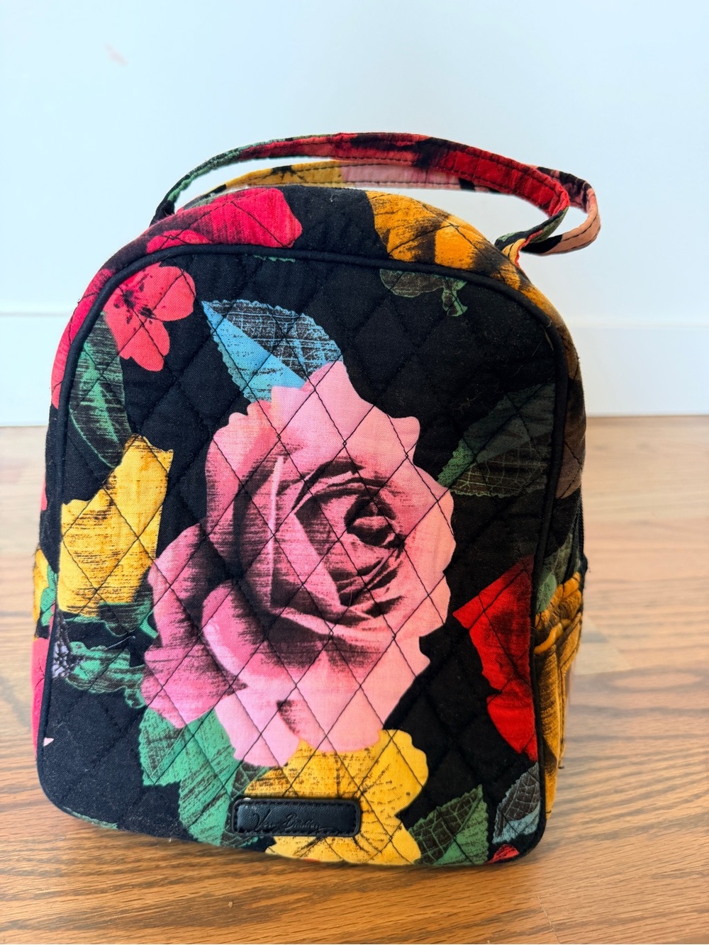 Vera Bradley Black Quilted Mini Top-Handle Bag with Multicolor Floral Print